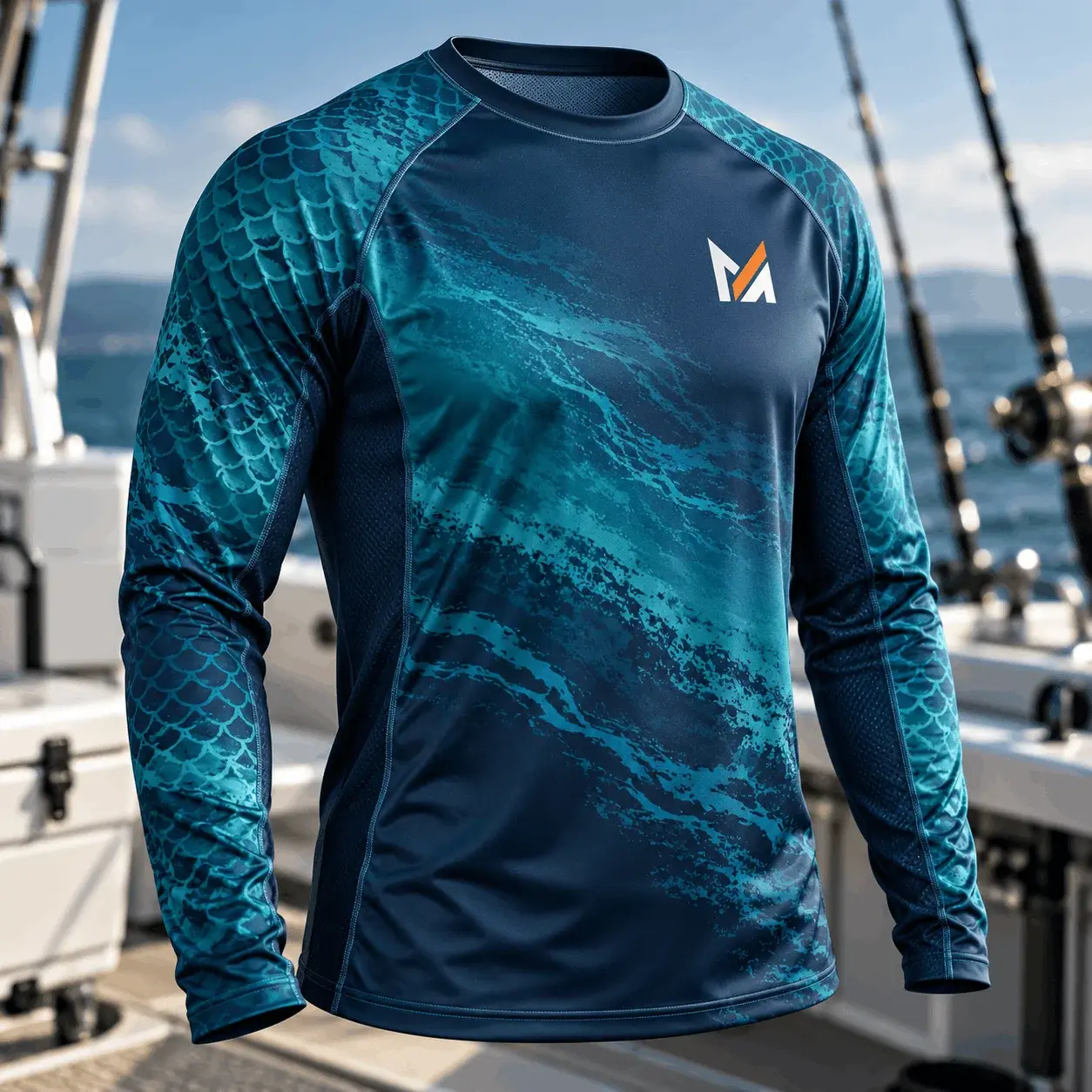 Navy and teal long sleeve performance fishing shirt displayed on a mannequin, featuring ocean-inspired graphics, breathable side panels, raglan sleeves, and Mega Apparel branding on a fishing boat.